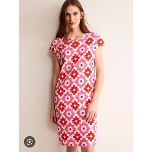 Boden Pink Red Floral Leah Jersey T-Shirt Dress US 8 Mod Vibrant